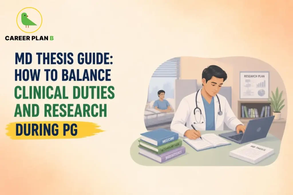 Educational infographic by Career Plan B titled "MD THESIS GUIDE: HOW TO BALANCE CLINICAL DUTIES AND RESEARCH DURING PG". Top-left features the Career Plan B logo with a green bird inside a solid gold circular emblem with text below. Right side illustrates a doctor sitting at a desk with a laptop and open notebooks, with stacked books labeled "MEDICINE", "RESEARCH METHODS", and "BIOSTATISTICS" in the foreground and a poster on the wall reading "RESEARCH PLAN"