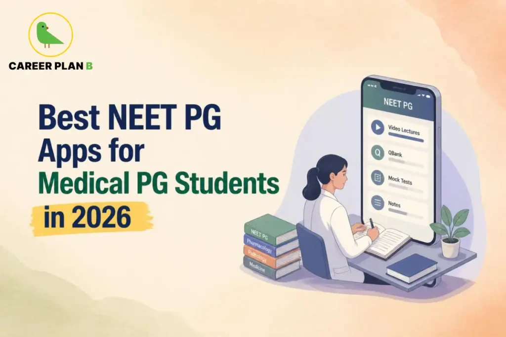Educational infographic by Career Plan B titled "Best NEET PG Apps for Medical PG Students in 2026". Top-left features the Career Plan B logo with a green bird inside a solid gold circular emblem with text below. Right side illustrates a medical student sitting at a desk studying with an open notebook, next to a large smartphone displaying a "NEET PG" app interface with options for Video Lectures, QBank, Mock Tests, and Notes, with stacked textbooks in the foreground.