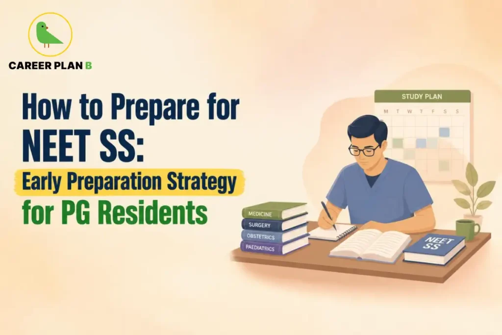 Educational infographic by Career Plan B titled "How to Prepare for NEET SS: Early Preparation Strategy for PG Residents". Top-left features the Career Plan B logo with a green bird inside a solid gold circular emblem with text below. Right side illustrates a male resident doctor wearing blue scrubs sitting at a wooden desk writing in a notebook, next to stacked textbooks labeled "MEDICINE", "SURGERY", "OBSTETRICS", and "PAEDIATRICS", a book labeled "NEET SS", and a calendar titled "STUDY PLAN" on the wall behind him.