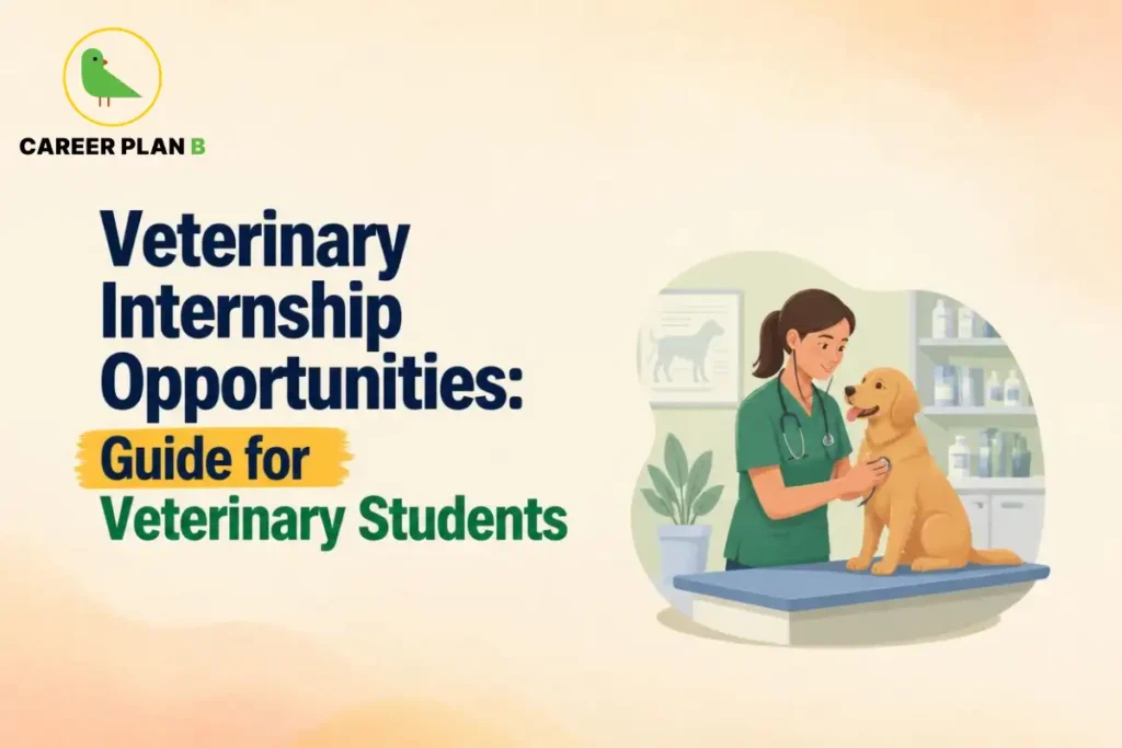 Educational infographic by Career Plan B titled "Veterinary Internship Opportunities: Guide for Veterinary Students". Top-left features the Career Plan B logo with a green bird inside a solid gold circular emblem with text below. Right side illustrates a female veterinarian examining a golden retriever dog with a stethoscope in a clinic setting.