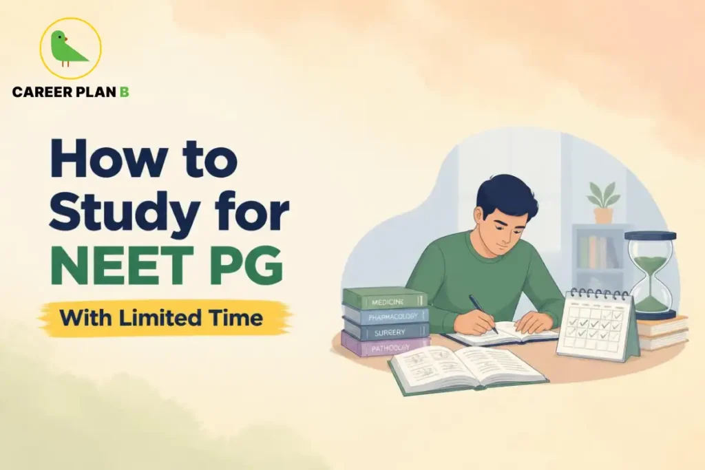 Educational infographic by Career Plan B titled "How to Study for NEET PG With Limited Time". Top-left features the Career Plan B logo with a green bird inside a solid gold circular emblem with text below. Right side illustrates a student wearing a green long-sleeve shirt sitting at a desk studying an open book and writing, next to stacked textbooks labeled "MEDICINE", "PHARMACOLOGY", "SURGERY", and "PATHOLOGY", a desk calendar, an hourglass, and an open notebook in the foreground.