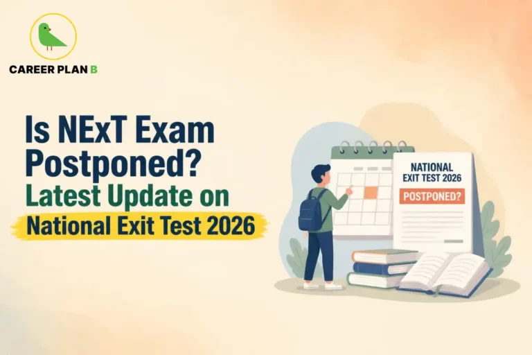 Educational infographic by Career Plan B titled "Is NExT Exam Postponed? Latest Update on National Exit Test 2026". Top-left features the Career Plan B logo with a green bird inside a solid gold circular emblem with text below. Right side illustrates a student pointing at a wall calendar, alongside a "NATIONAL EXIT TEST 2026 POSTPONED?" notification document, stacked books, and an open book in the foreground.