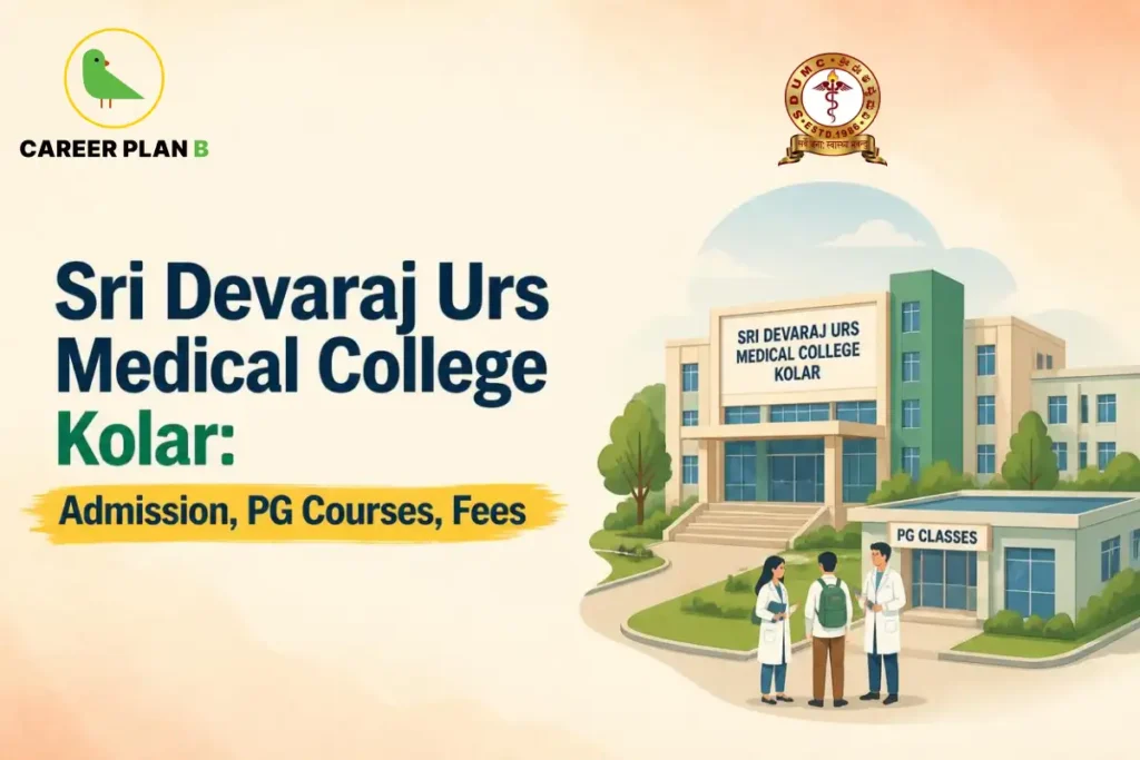 Educational infographic by Career Plan B titled "Sri Devaraj Urs Medical College Kolar: Admission, PG Courses, Fees". Top-left features the Career Plan B logo with a green bird inside a solid gold circular emblem with text below. Right side illustrates the Sri Devaraj Urs Medical College Kolar building and a building labeled "PG CLASSES", with three medical students/professionals standing in the foreground. The institutional seal is positioned at the top center.