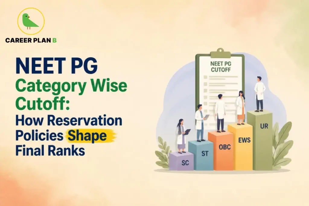NEET PG category wise cutoff showing reservation policies and final ranks for SC, ST, OBC, EWS, and UR categories.