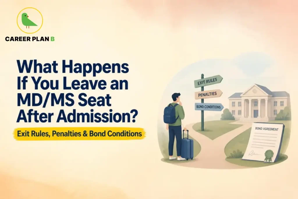 MD/MS seat admission exit rules guide showing a medical aspirant reviewing penalties and bond conditions before leaving an allotted postgraduate seat