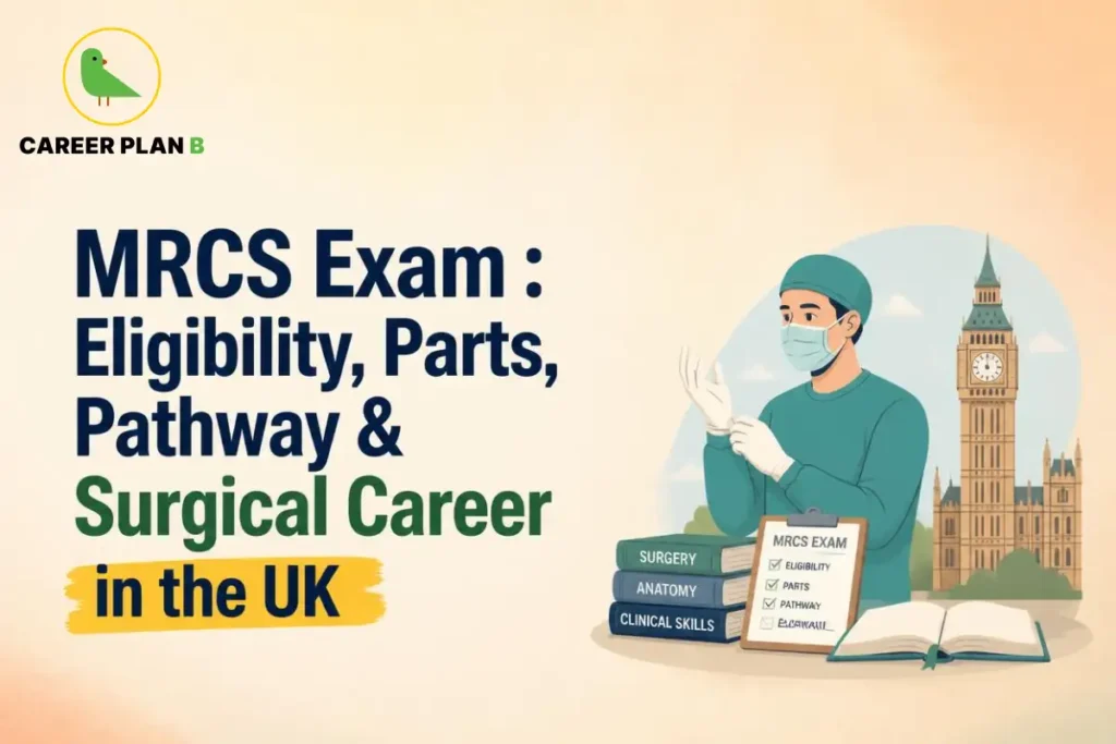 MRCS Exam UK guide showing eligibility, exam parts, pathway, and surgical career options.