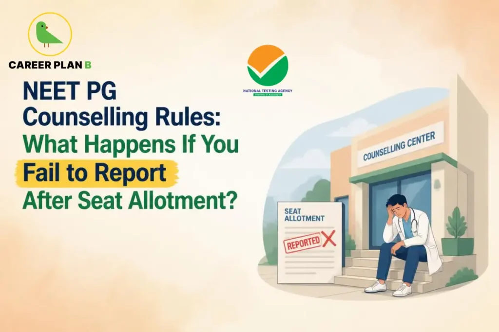 Educational infographic by Career Plan B titled "NEET PG Counselling Rules: What Happens If You Fail to Report After Seat Allotment?". Top-left features the Career Plan B logo with a green bird inside a solid gold circular emblem with text below. Right side illustrates a distressed medical professional sitting on the steps of a building labeled "COUNSELLING CENTER" next to a sign that reads "SEAT ALLOTMENT" with a stamp marked "REPORTED X".