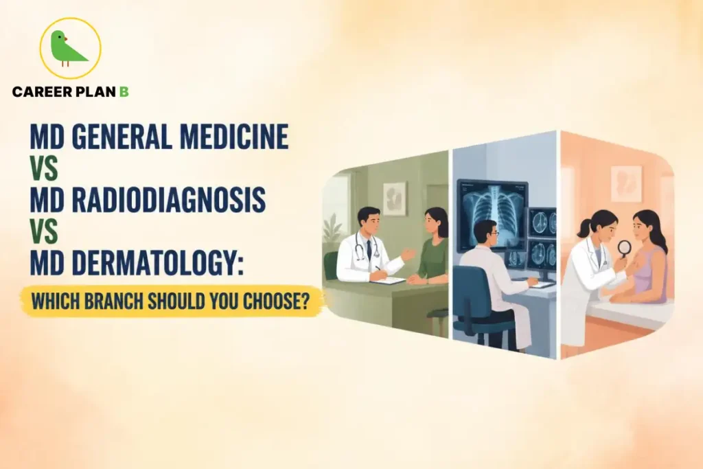 MD General Medicine vs MD Radiodiagnosis vs MD Dermatology showing the key factors to consider when choosing a postgraduate medical branch