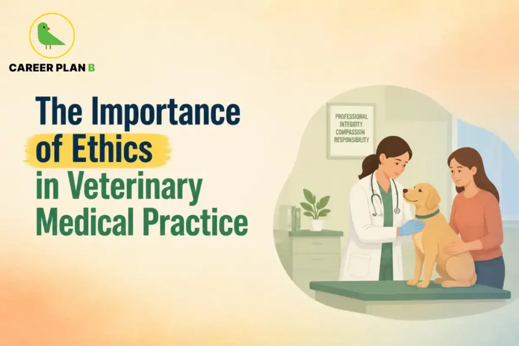 Importance of ethics in veterinary medical practice showing a veterinarian examining a dog with its owner.