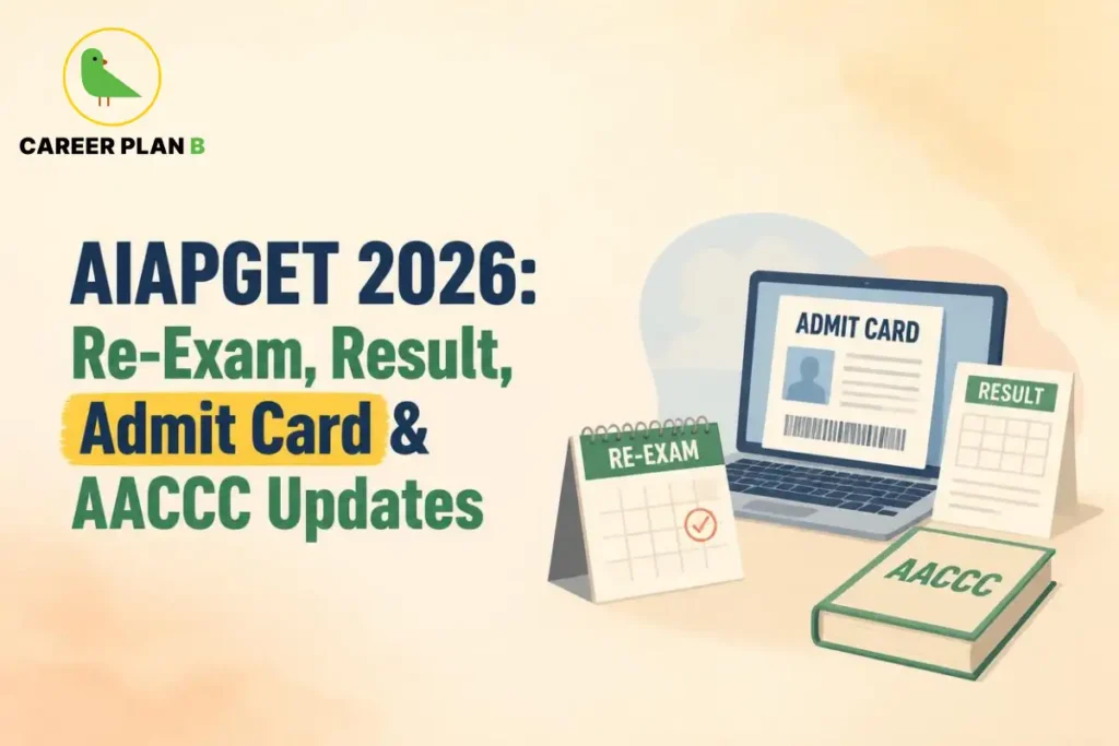 Banner text highlighting AIAPGET 2026 re-exam, result, admit card, and AACCC updates, alongside a laptop showing admit card and re-exam calendar.