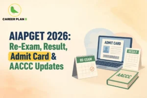 Banner text highlighting AIAPGET 2026 re-exam, result, admit card, and AACCC updates, alongside a laptop showing admit card and re-exam calendar.