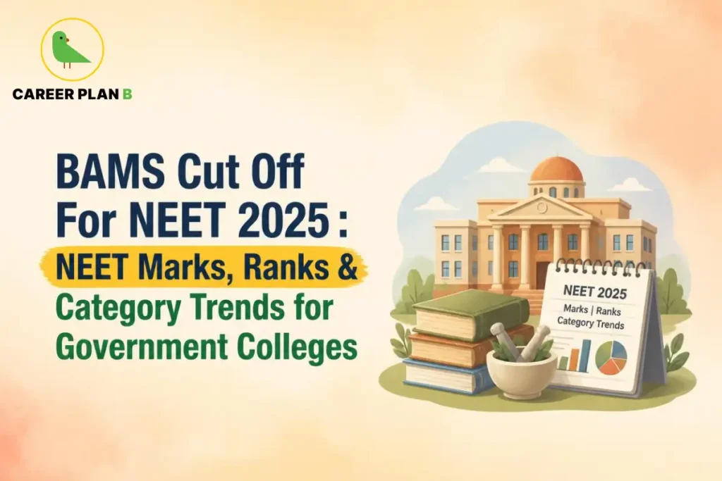 Banner text detailing BAMS cutoff for NEET 2025, marks, ranks, and category trends for government colleges, with ayurvedic medical graphics.