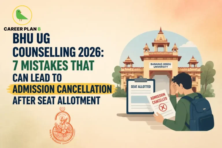 Career Plan B graphic showing BHU UG counselling 2026 mistakes that can cause admission cancellation after seat allotment.
