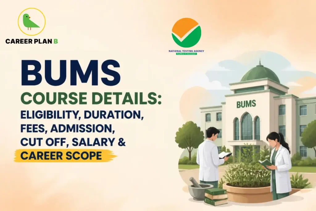 Banner text outlining BUMS course details including eligibility, duration, fees, admission, cutoff, salary, and career scope.