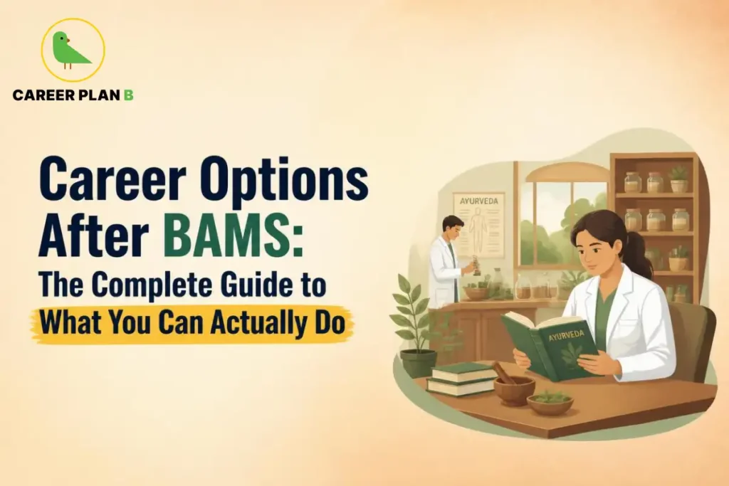 Banner text highlighting career options after BAMS with a guide on professional paths, alongside an illustration of practitioners in an ayurveda clinic.