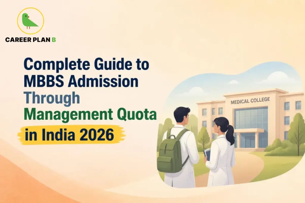 Banner text detailing complete guide to MBBS admission through management quota in India 2026, alongside students outside a medical college.