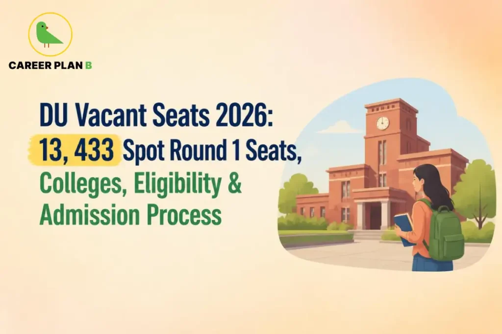Educational infographic by Career Plan B titled "DU Vacant Seats 2026: 13,433 Spot Round 1 Seats, Colleges, Eligibility & Admission Process". Top-left features the Career Plan B logo with a green bird inside a solid gold circular emblem with text below. Right side illustrates a student with a green backpack and a book facing a university building.