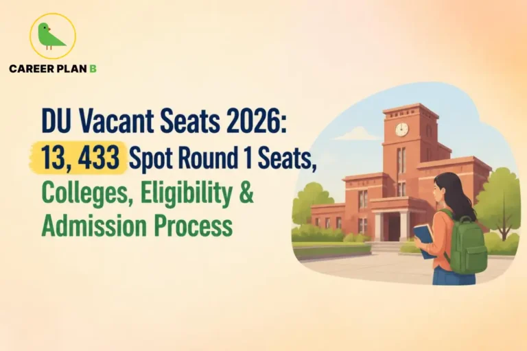 Educational infographic by Career Plan B titled "DU Vacant Seats 2026: 13,433 Spot Round 1 Seats, Colleges, Eligibility & Admission Process". Top-left features the Career Plan B logo with a green bird inside a solid gold circular emblem with text below. Right side illustrates a student with a green backpack and a book facing a university building.