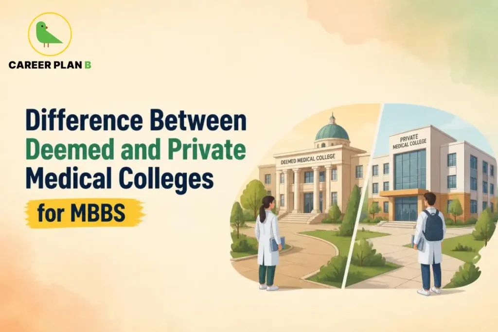 Banner text highlighting difference between deemed and private medical colleges for MBBS, alongside illustrations of both college campuses.
