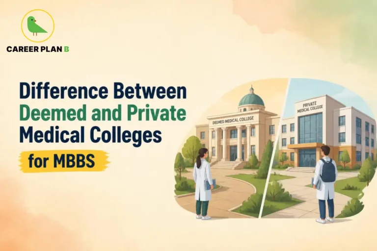 Banner text highlighting difference between deemed and private medical colleges for MBBS, alongside illustrations of both college campuses.