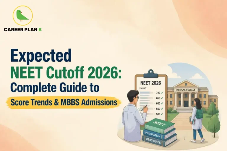 Banner text highlighting expected NEET cutoff 2026 and score trends for MBBS admissions, alongside a score checklist and medical college.