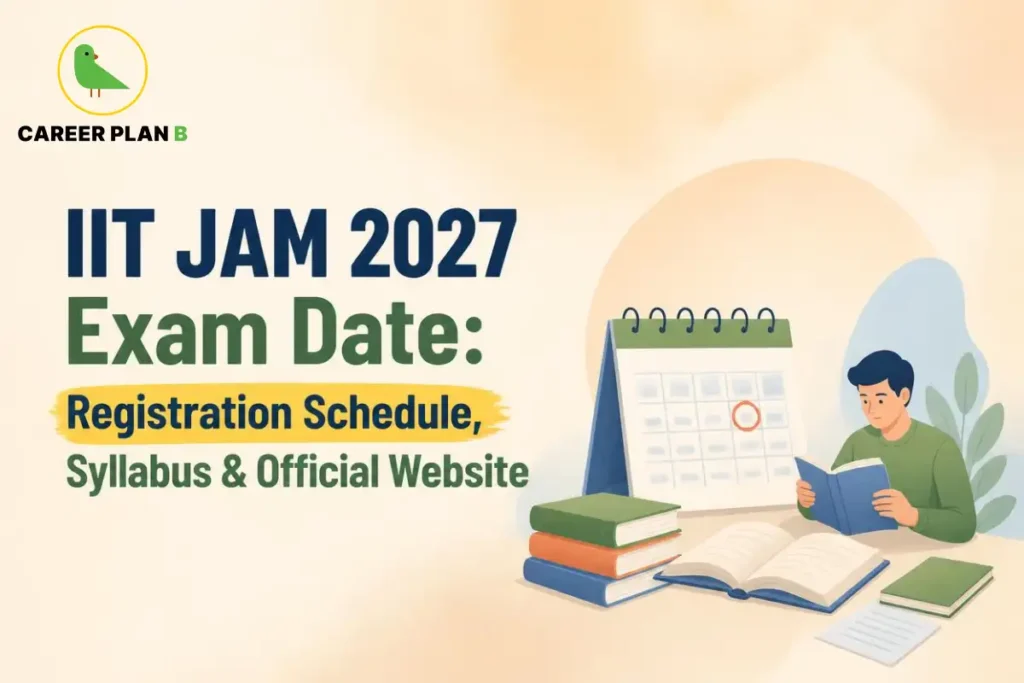 Banner text detailing IIT JAM 2027 exam date, registration schedule, syllabus, and official website, with a student studying beside a calendar.
