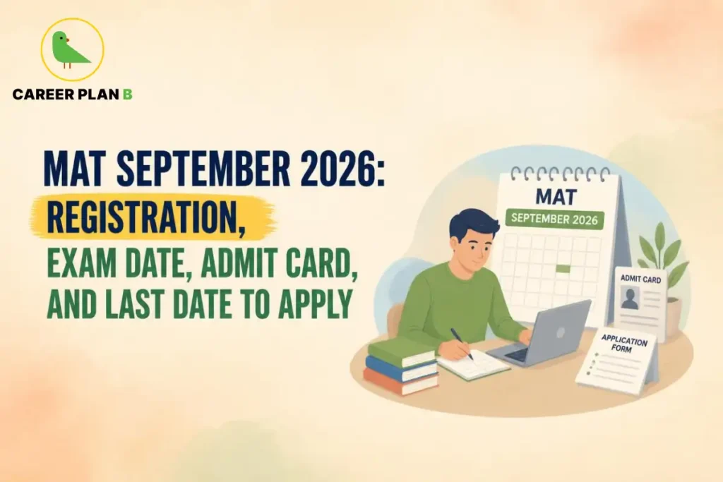Banner text detailing MAT September 2026 registration, exam date, admit card, and last date to apply, with a student studying beside an exam calendar.