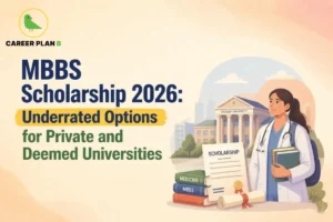 MBBS Scholarship 2026 for private and deemed universities, showing a medical student with scholarship documents and a college campus.