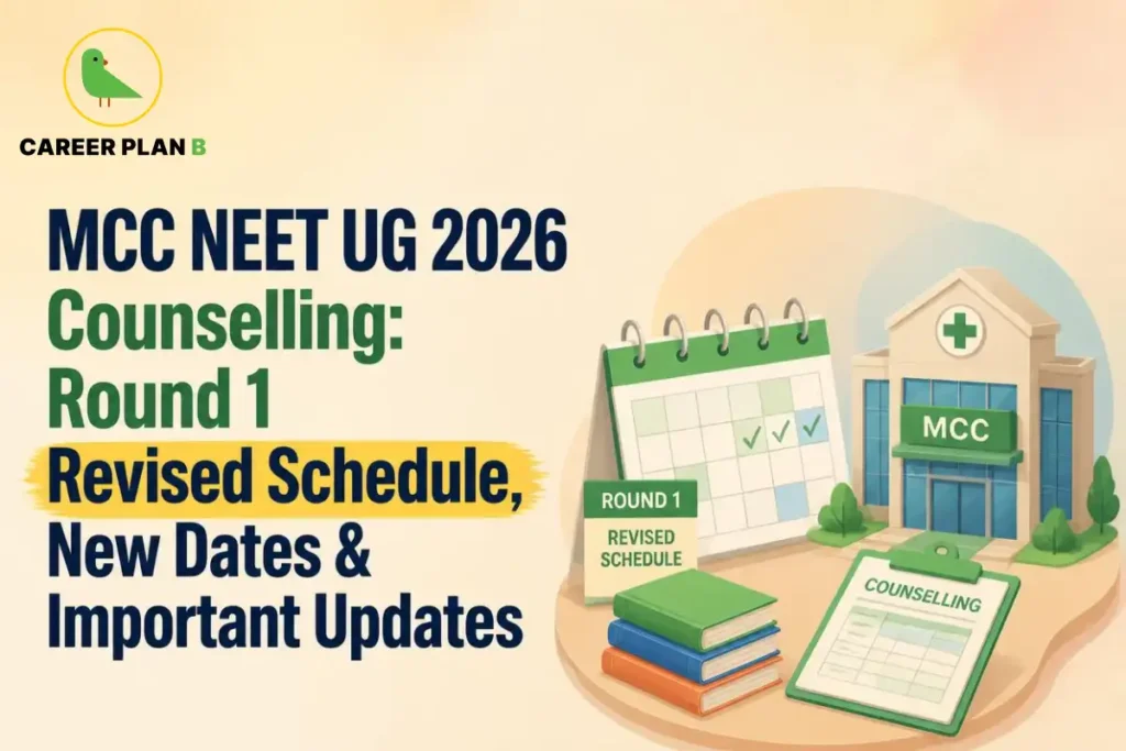 Banner text highlighting MCC NEET UG 2026 counselling round 1 revised schedule and new dates, alongside a calendar and hospital illustration.