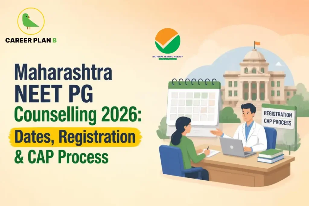 Educational infographic by Career Plan B titled "Maharashtra NEET PG Counselling 2026: Dates, Registration & CAP Process". Top-left features the Career Plan B logo with a green bird inside a solid gold circular emblem with text below. Top-center features the National Testing Agency logo. Right side illustrates a male counselor discussing the CAP registration process at a desk with a student, set in front of a calendar graphic, a "REGISTRATION CAP PROCESS" signpost, and a classic dome-roofed administrative building.