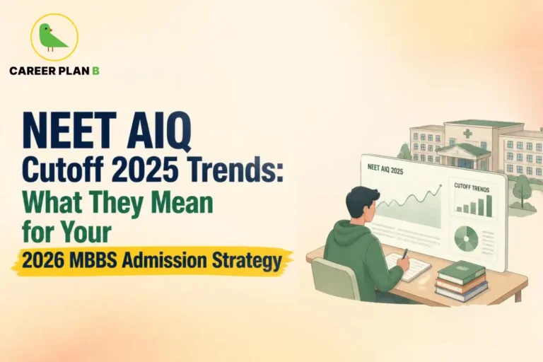 Banner text discussing NEET AIQ cutoff 2025 trends for 2026 MBBS admission strategy, alongside a student studying cutoff analytics.