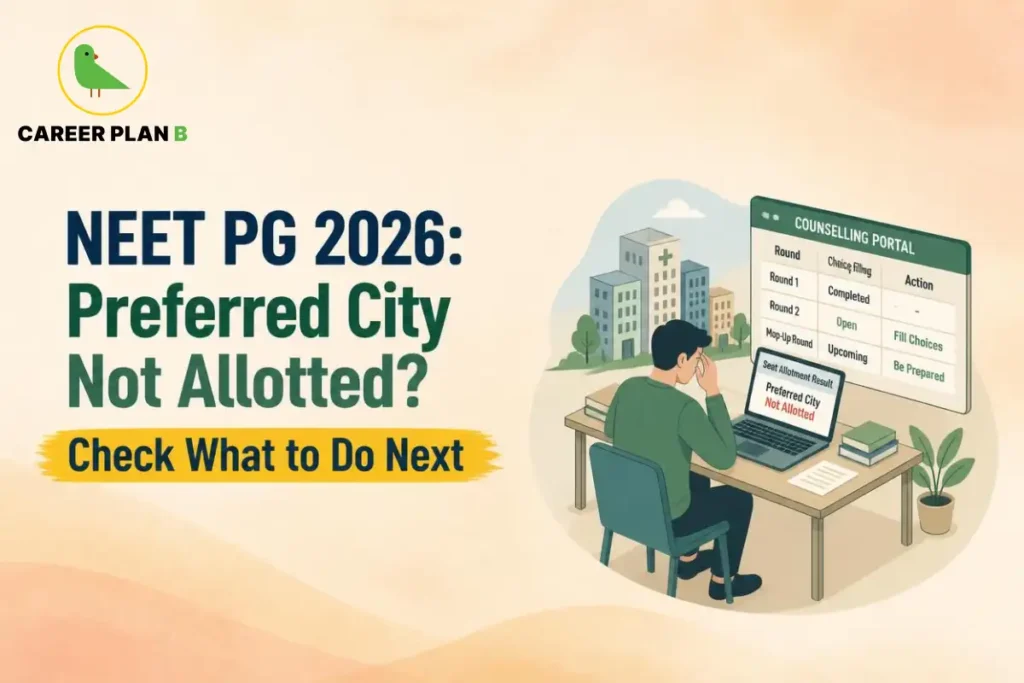 Banner text on NEET PG exam city allotment explaining what to do if a preferred city is not allotted, with a student at a computer.