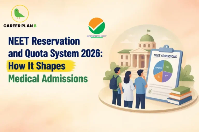 Educational infographic by Career Plan B titled "NEET Reservation and Quota System 2026: How It Shapes Medical Admissions". Top-left features the Career Plan B logo with a green bird inside a gold circle. Right side shows three students facing a large clipboard with a pie chart labeled GENERAL, OBC, SC, and ST under "NEET ADMISSIONS", with a domed university building in the background. The National Testing Agency (NTA) logo is positioned at top-center.