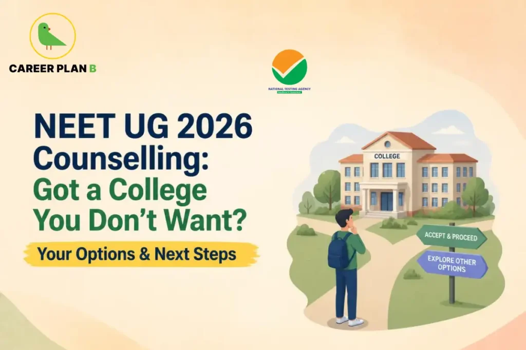 Banner text discussing NEET UG counselling college choice options if allotted an unwanted college, with a student at a crossroads.