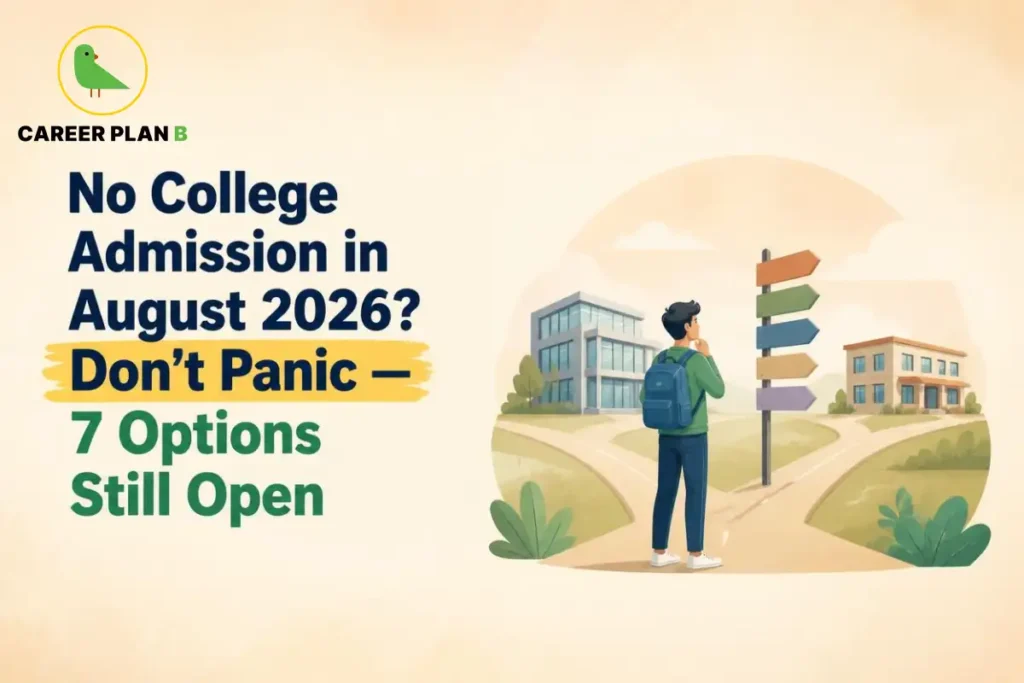 Banner text discussing options for no college admission August 2026, featuring a student at a crossroads looking at signposts.