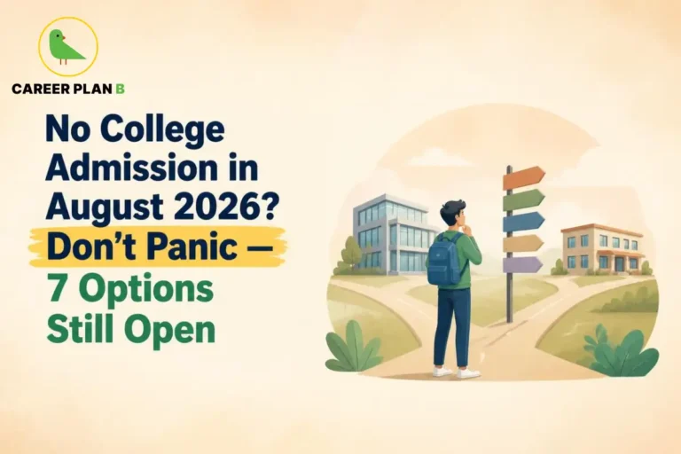 Banner text discussing options for no college admission August 2026, featuring a student at a crossroads looking at signposts.