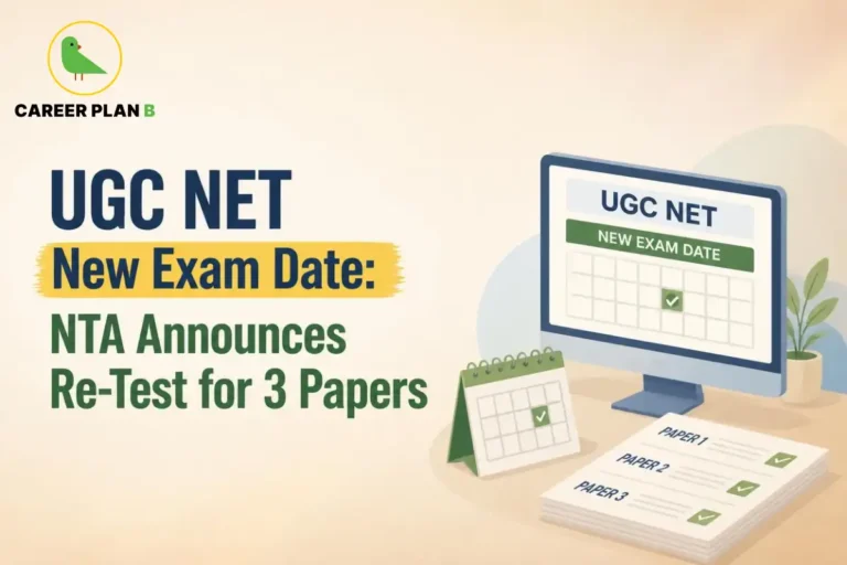 Banner text announcing UGC NET new exam date as NTA schedules re-test for 3 papers, alongside a calendar and exam sheets.