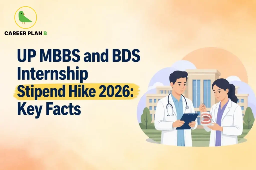 Banner text highlighting UP MBBS and BDS internship stipend hike 2026 key facts, featuring medical and dental interns with a tooth model outside a college.