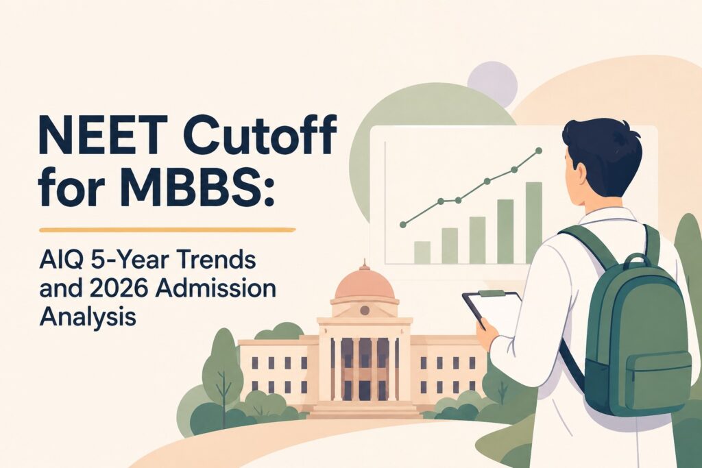 Banner text explaining NEET cutoff for MBBS with AIQ 5-year trends and 2026 admission analysis, featuring a student looking at a graph and medical college.