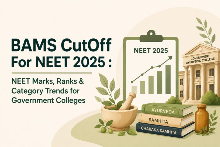 Banner text detailing BAMS cutoff for NEET 2025, marks, ranks, and category trends for government ayurvedic colleges.