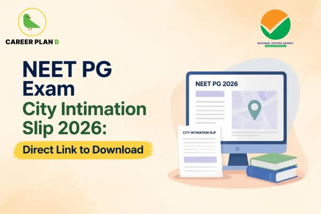 Banner text announcing NEET PG exam city intimation slip 2026 with download link, illustrated with a computer screen and map pin.