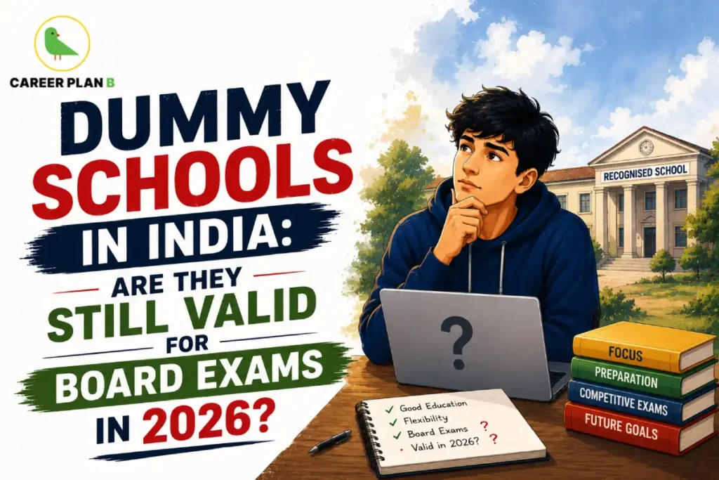 Student researching dummy school validity with laptop, books and recognised school building