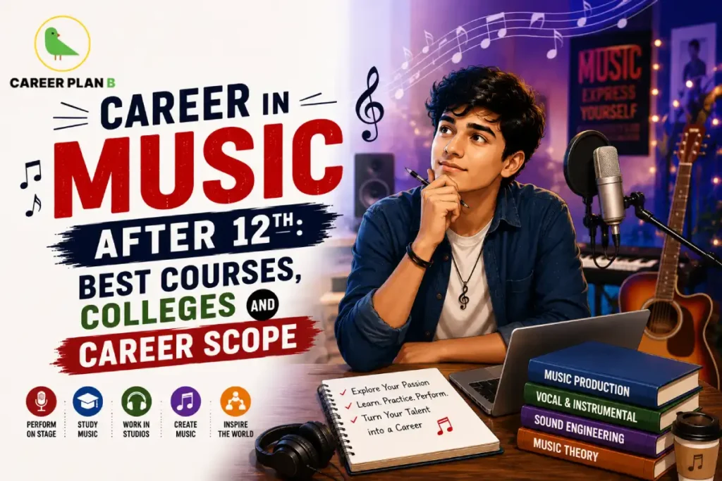 Student exploring music courses with microphone, guitar, headphones and music production books