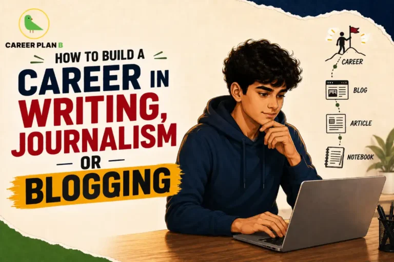 Student writing on a laptop while exploring journalism, blogging, articles and career paths