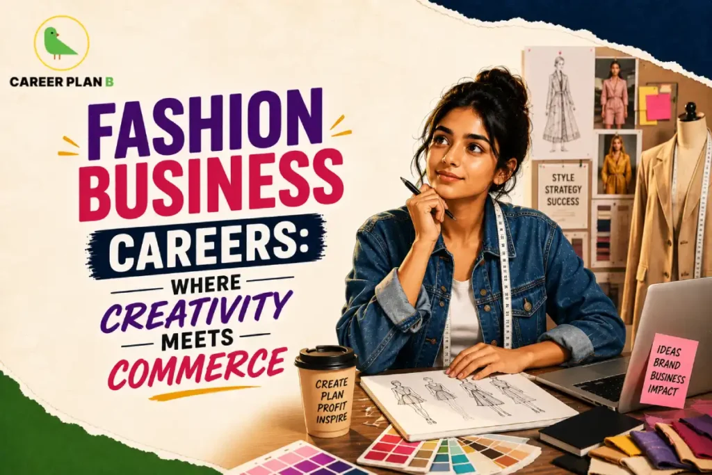 Student developing fashion business ideas with sketches, colour palettes, laptop and clothing display