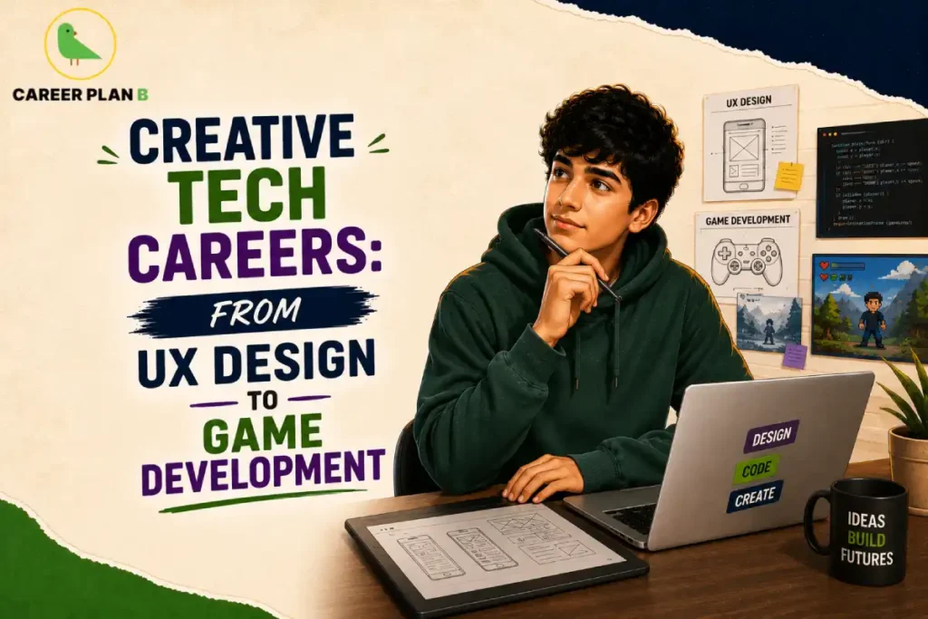 Student exploring UX design and game development with wireframes, code and digital screens