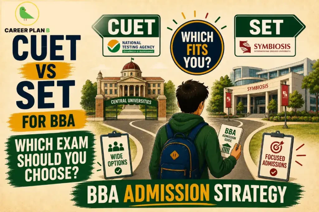 CUET and SET BBA options shown as two admission paths for a student choosing an entrance exam.