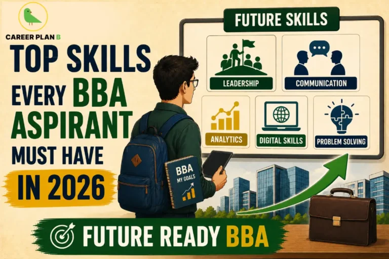 BBA aspirant reviewing leadership, communication, analytics, digital skills, and problem-solving skills.