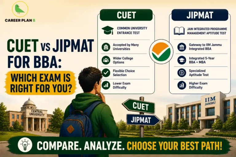 CUET and JIPMAT compared by university options, integrated BBA pathways, selection, and exam structure.