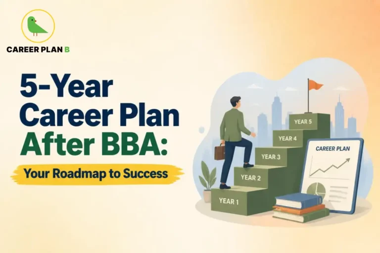 Student climbing five career stages with a career plan and growth chart after BBA.
